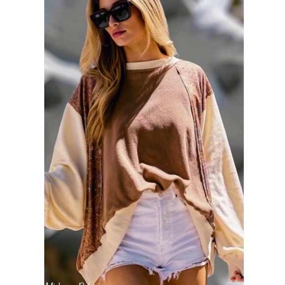 DAVI & DANI Plus Size Rust Cream Solid & Boho Print Oversized Pullover - Picture 7 of 9